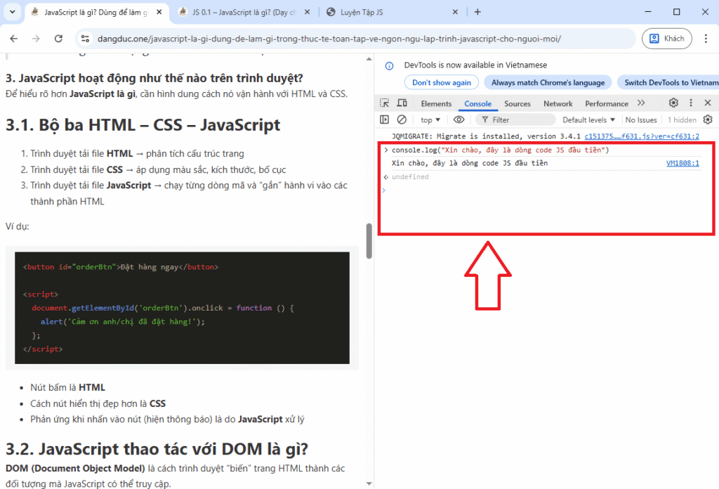 Console-dòng code JS đầu tiên